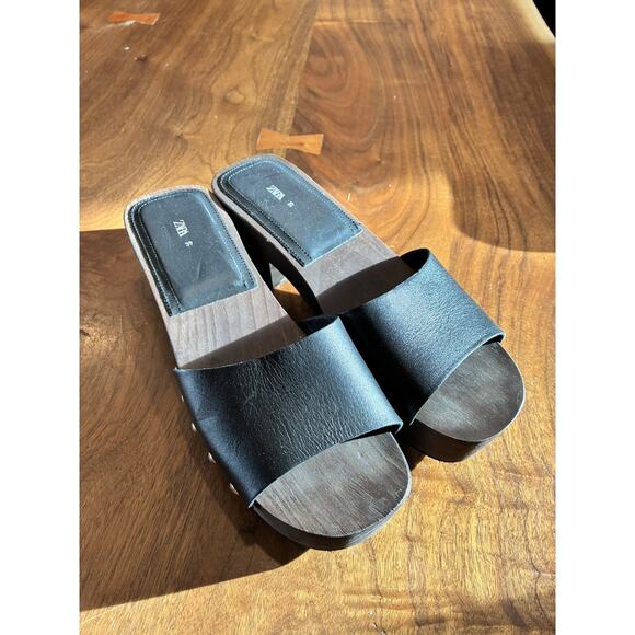 Woman Zara Clog Wooden Heeled Slip On Sandals Leather Upper Black sz 8 eur 39 - Picture 5 of 5